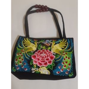 Embroidery Ethnic Shoulder Bag Women Handbag Canvas Handmade Flowers Wood Beads